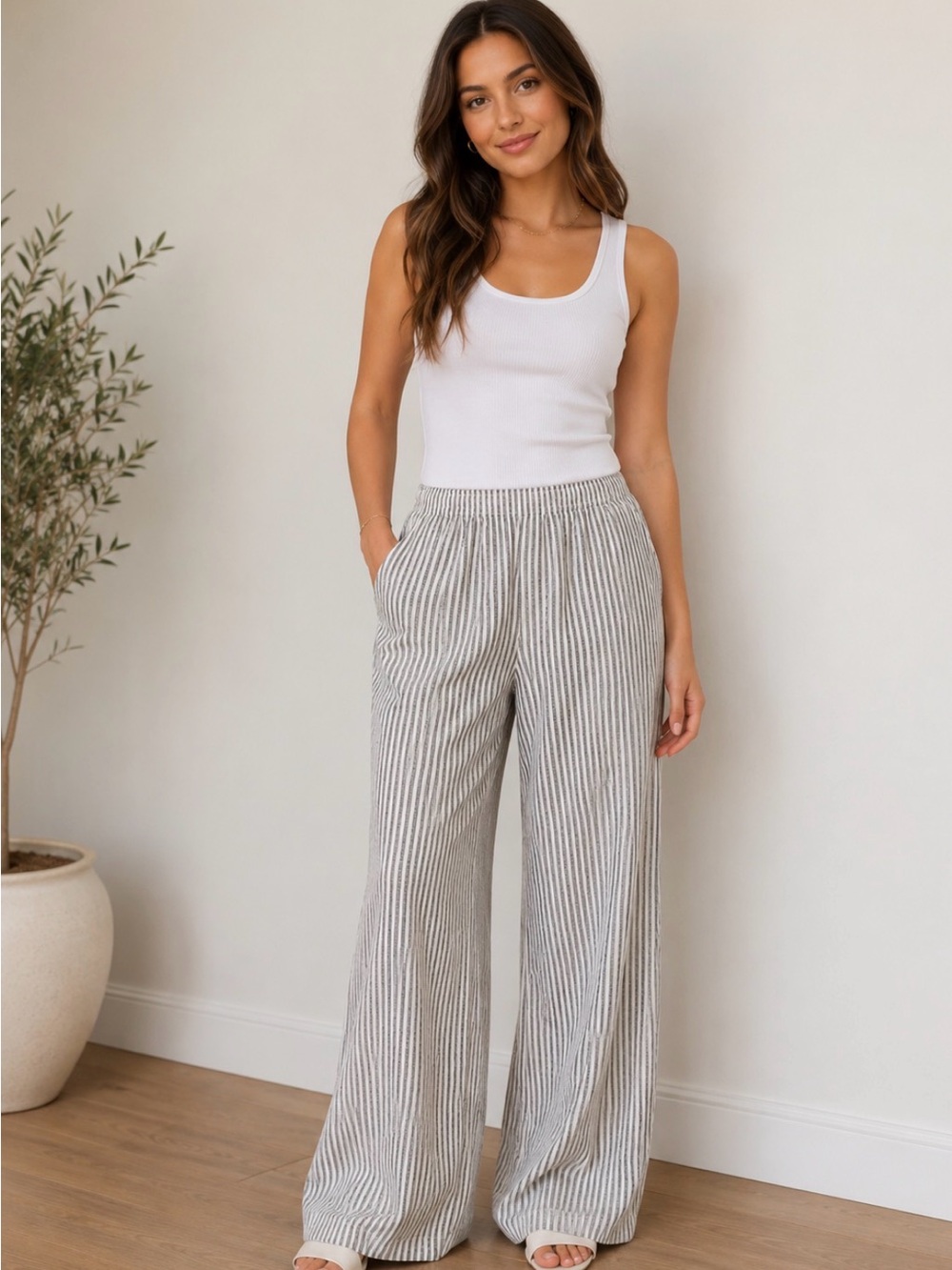 Old Navy Blue-and-White Vertical Stripe wide leg linen blend pants